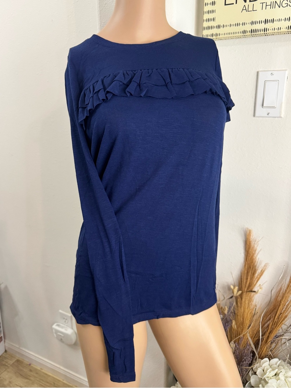 Poof! Navy Ruffle Crewneck Long Sleeve Top